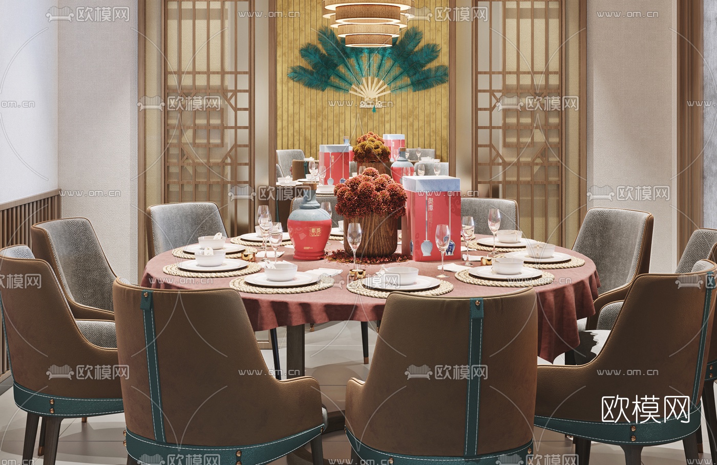新中式餐厅包房3d模型下载（渲染图4）