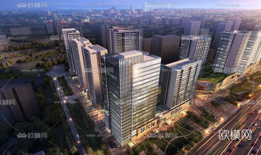 现代办公园区鸟瞰夜景su模型下载（渲染图1）