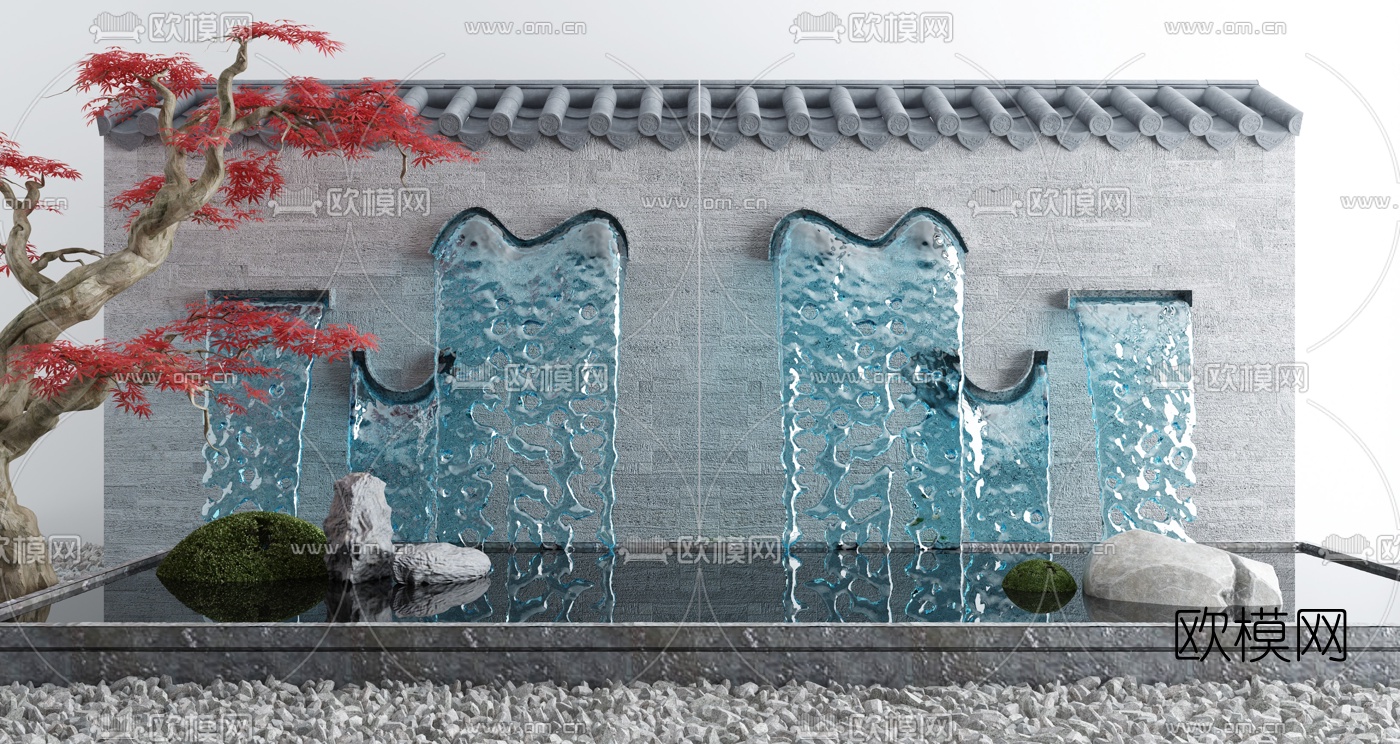新中式瀑布水景小品3d模型下载