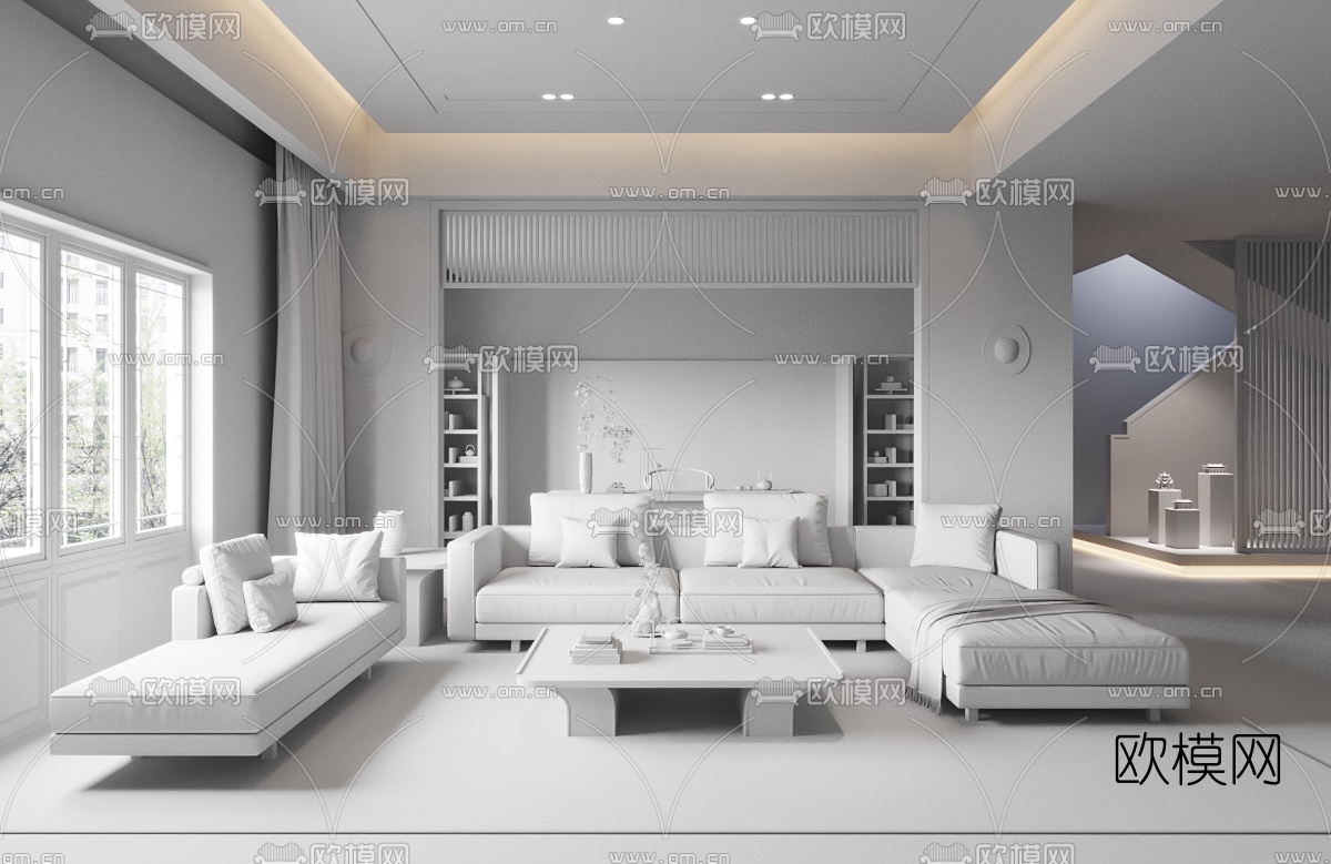 新中式布艺转角沙发组合3d模型下载（渲染图2）