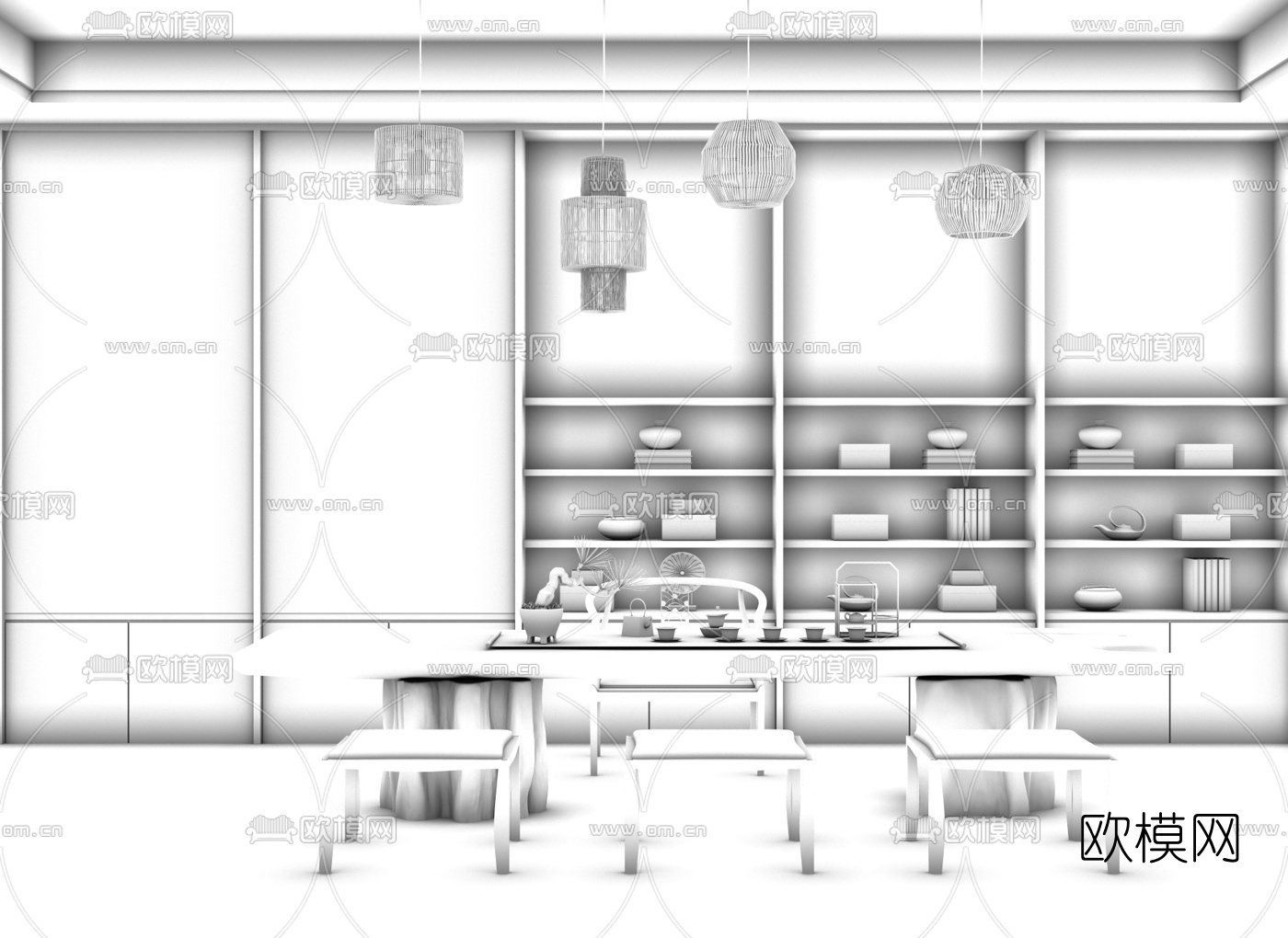 新中式实木茶桌椅3d模型下载（渲染图2）