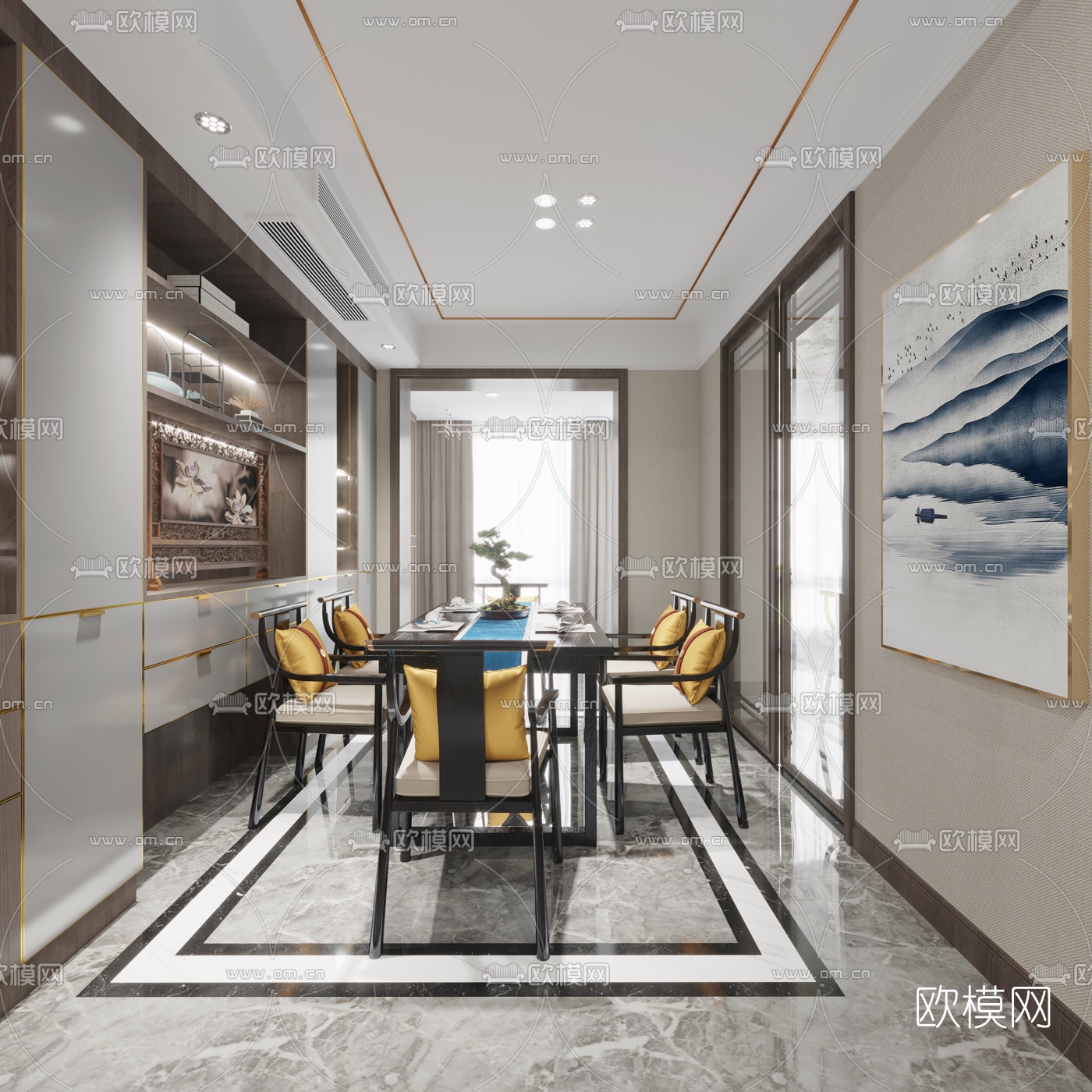 新中式轻奢客厅餐厅3d模型