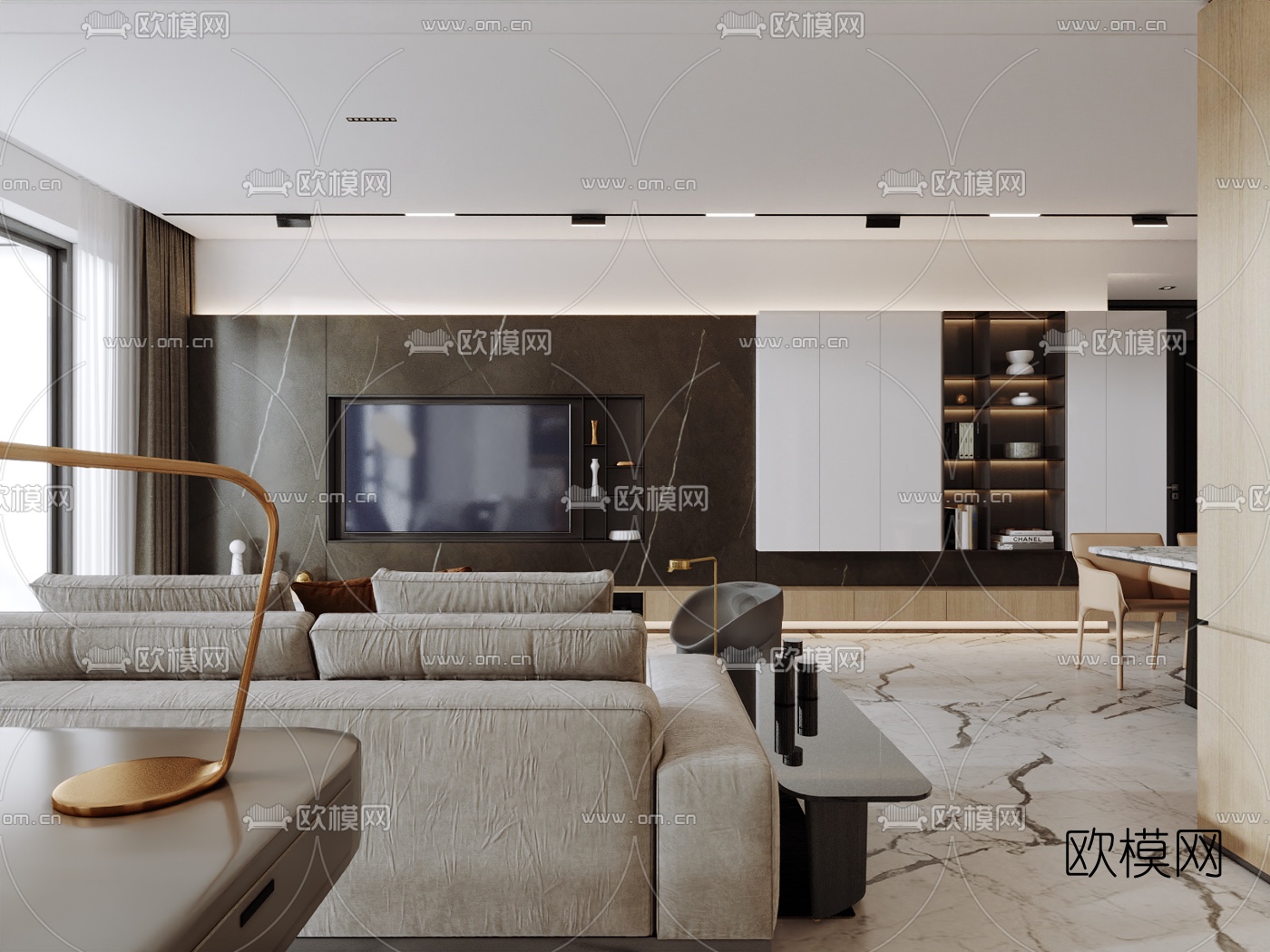 现代客厅餐厅3d模型下载（渲染图2）