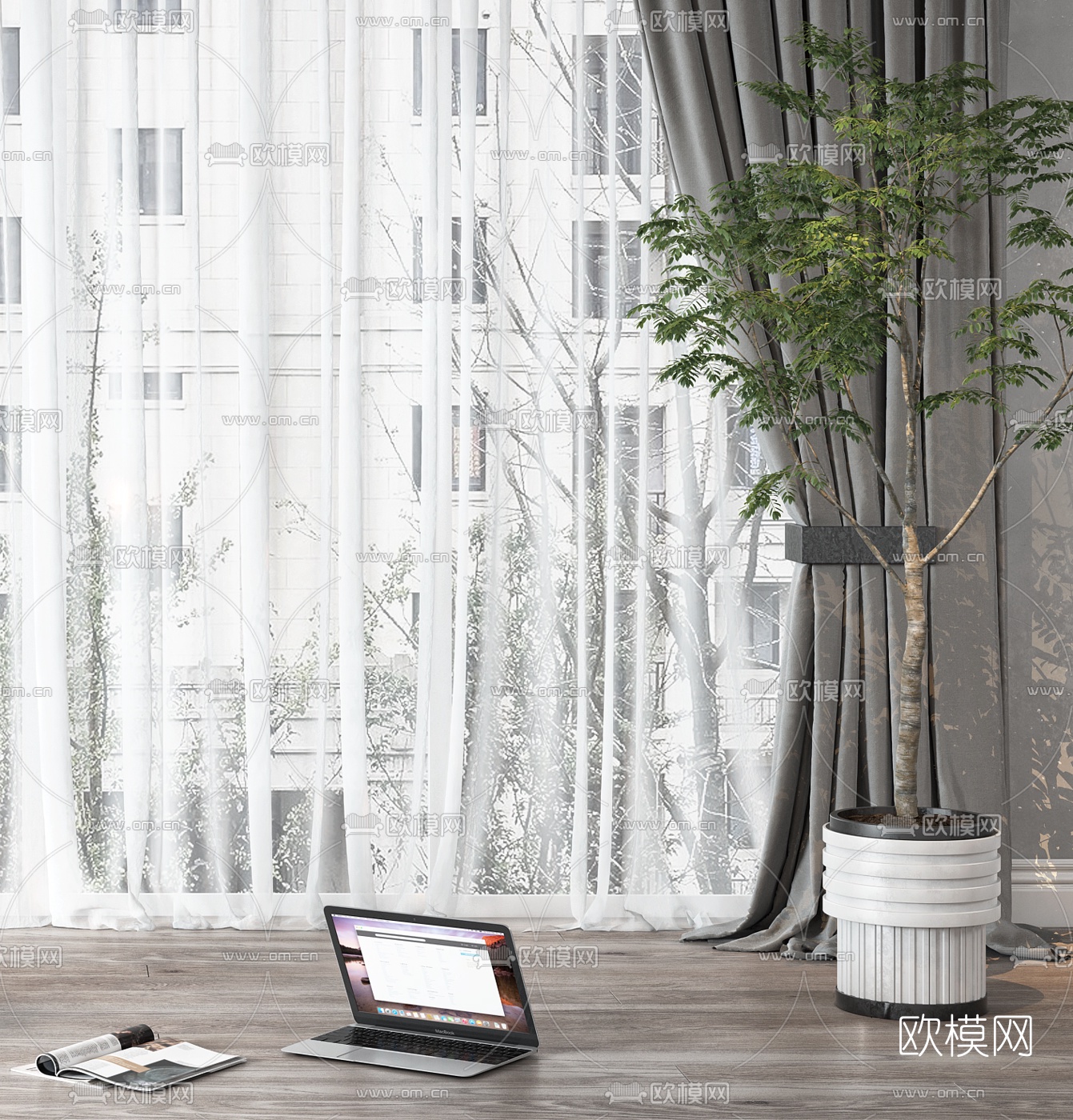 现代布艺窗帘3d模型下载（渲染图3）