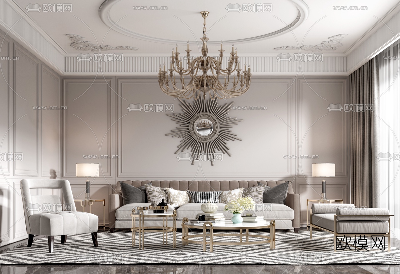 美式布艺沙发组合3d模型下载