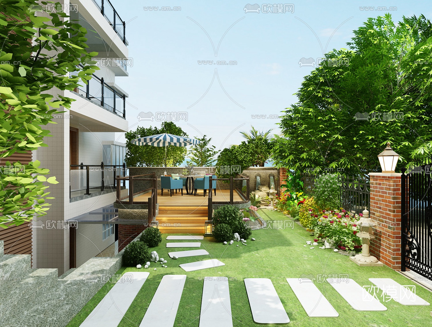 现代别墅庭院花园免费3d模型-免费3dmax模型库-欧模网