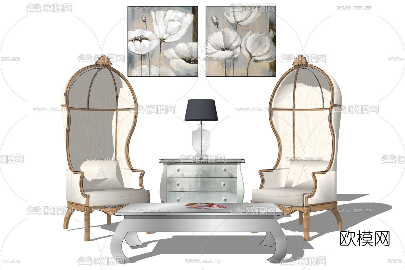 欧式布艺高背休闲沙发su模型下载