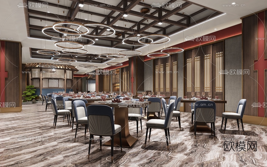 新中式酒店宴会厅3d模型下载(渲染图2)