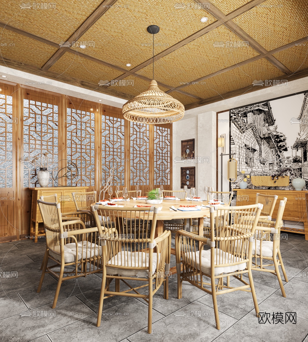 自然风餐厅包房3d模型下载（渲染图2）