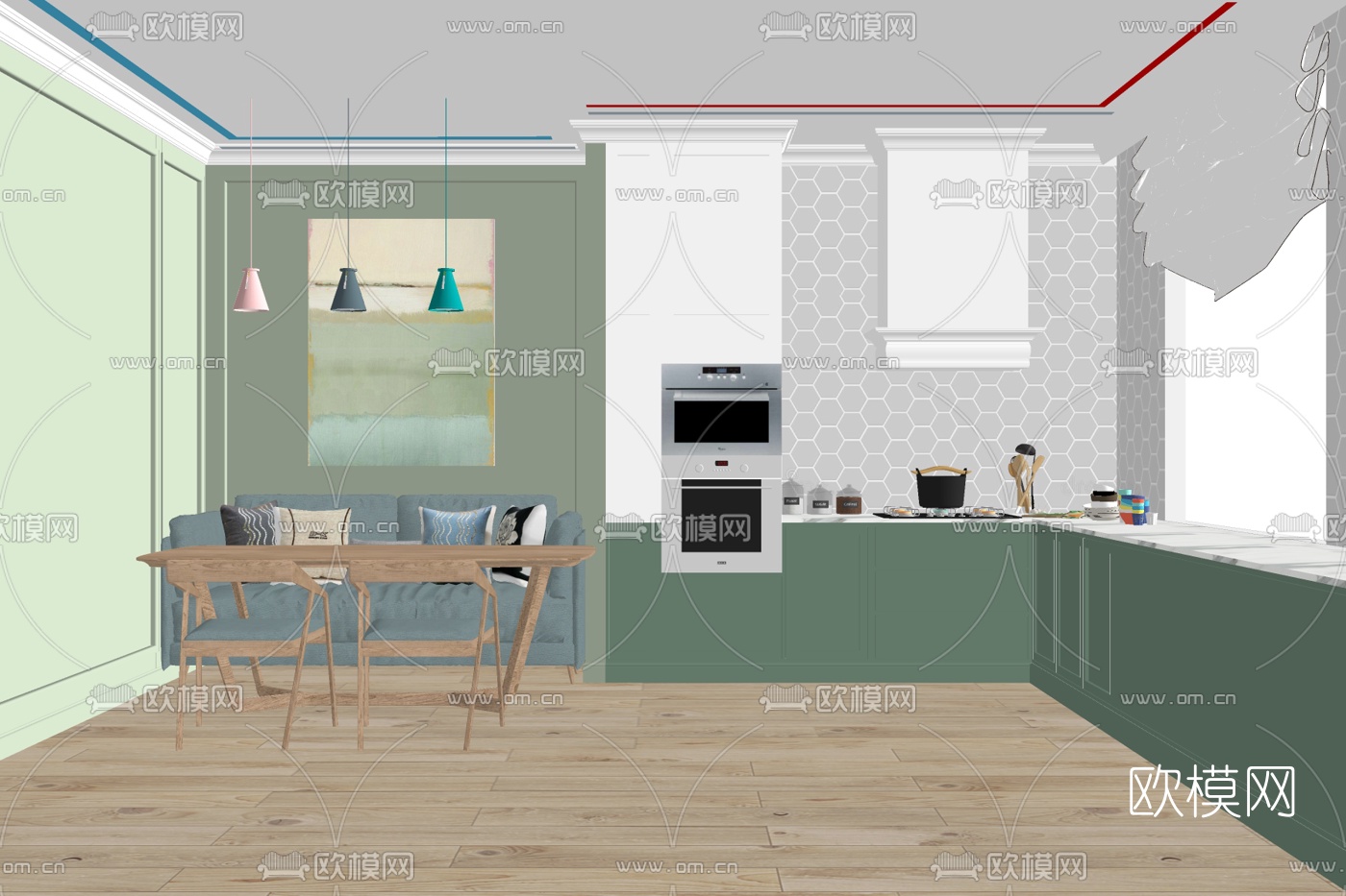 现代开放式厨房免费su模型下载