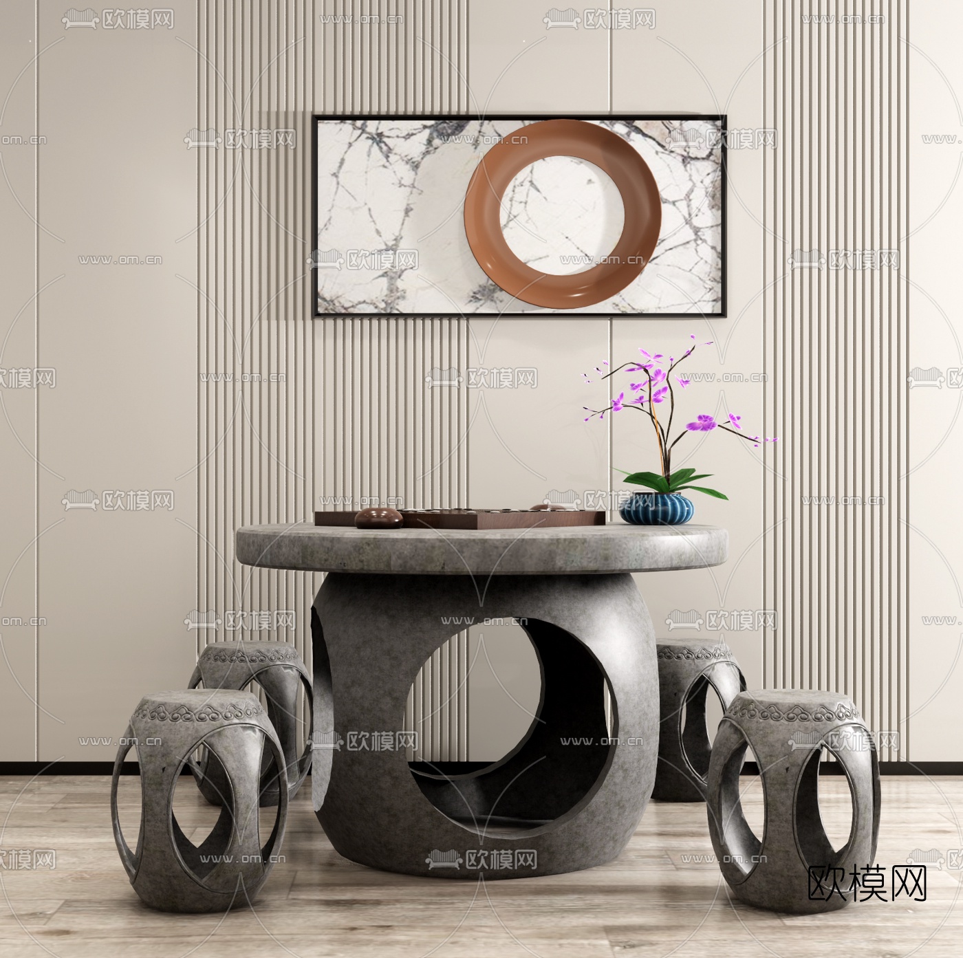 新中式石桌石凳su模型下载（渲染图1）