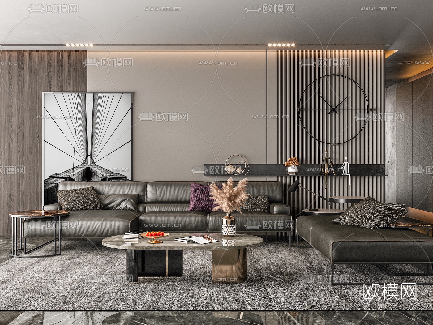 现代皮革沙发组合3d模型-免费3dmax模型库-欧模网