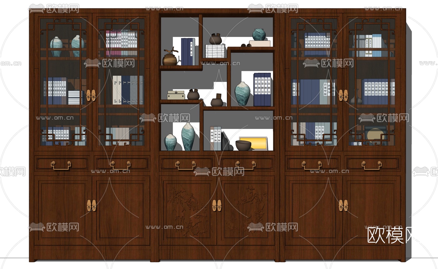 中式实木书柜su模型下载