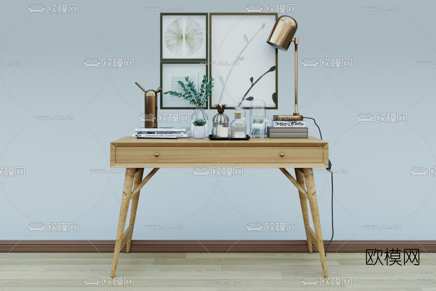 现代原木梳妆台su模型下载（渲染图1）