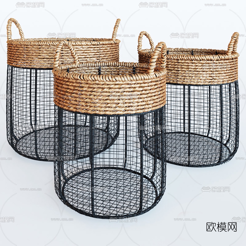 现代藤编篓子收纳篮脏衣篓3d模型