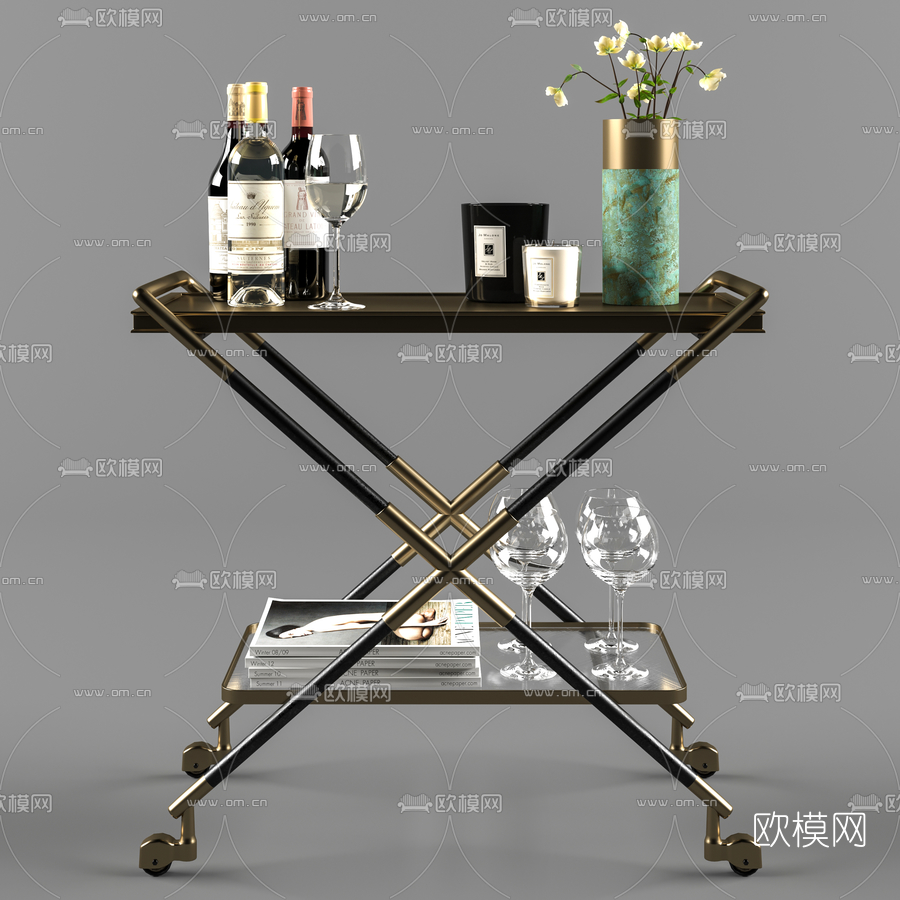 现代红酒高脚杯组合3d模型下载（渲染图1）