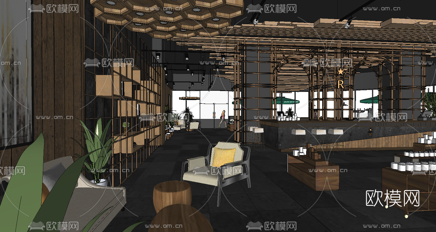 现代星巴克咖啡厅su模型下载（渲染图4）