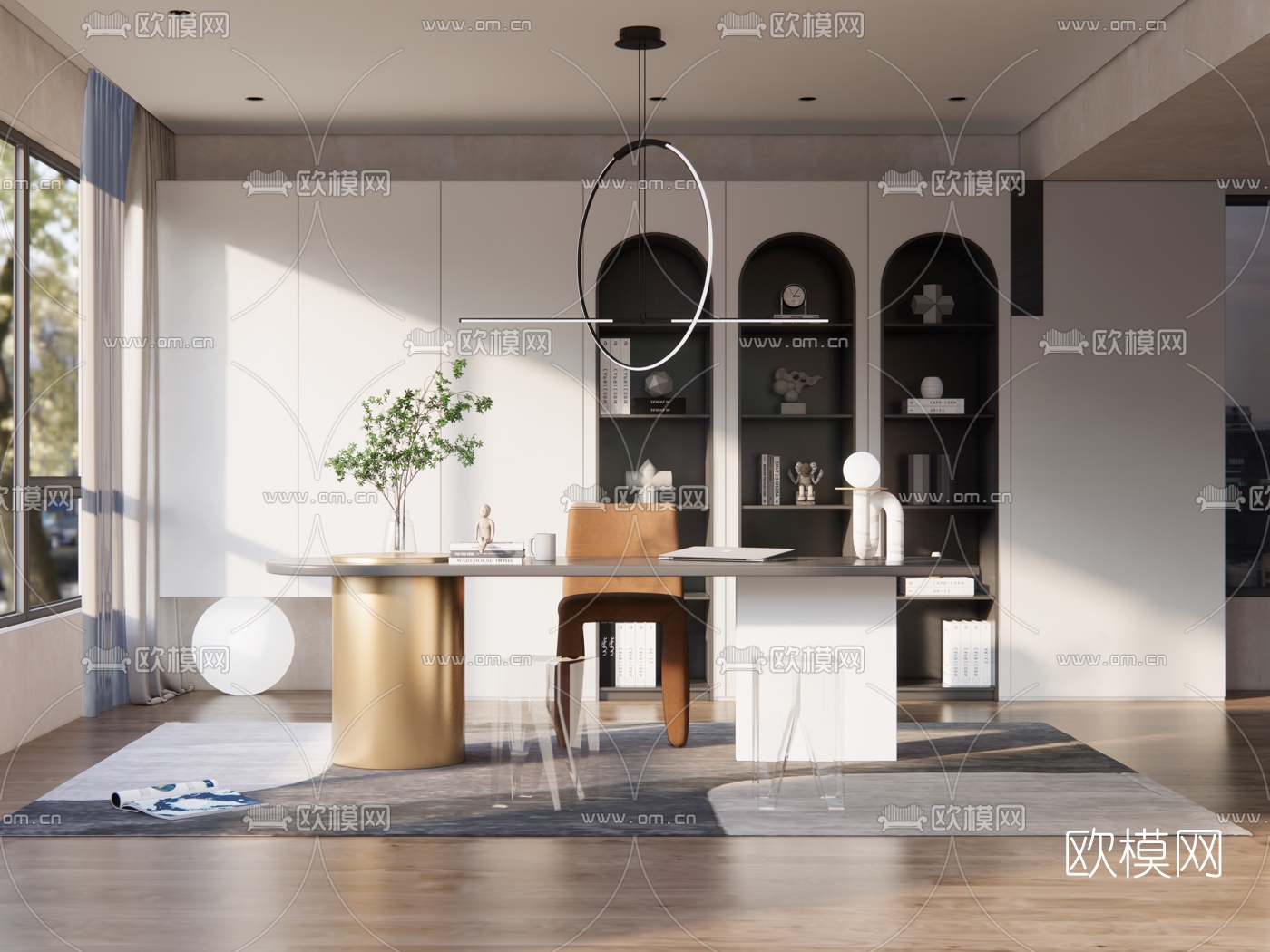 现代简约书房su模型下载（渲染图1）