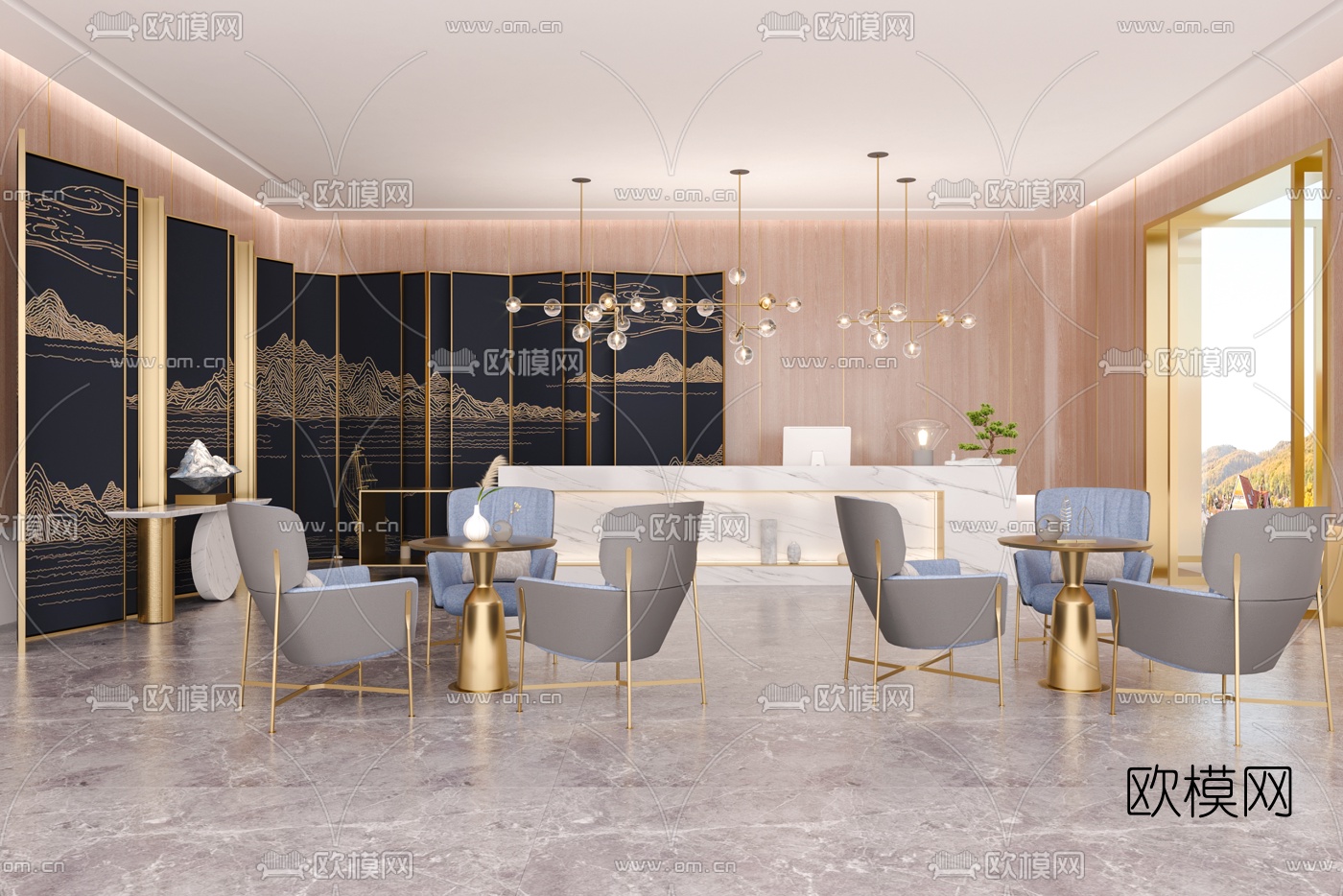 现代轻奢酒店大堂前台3d模型
