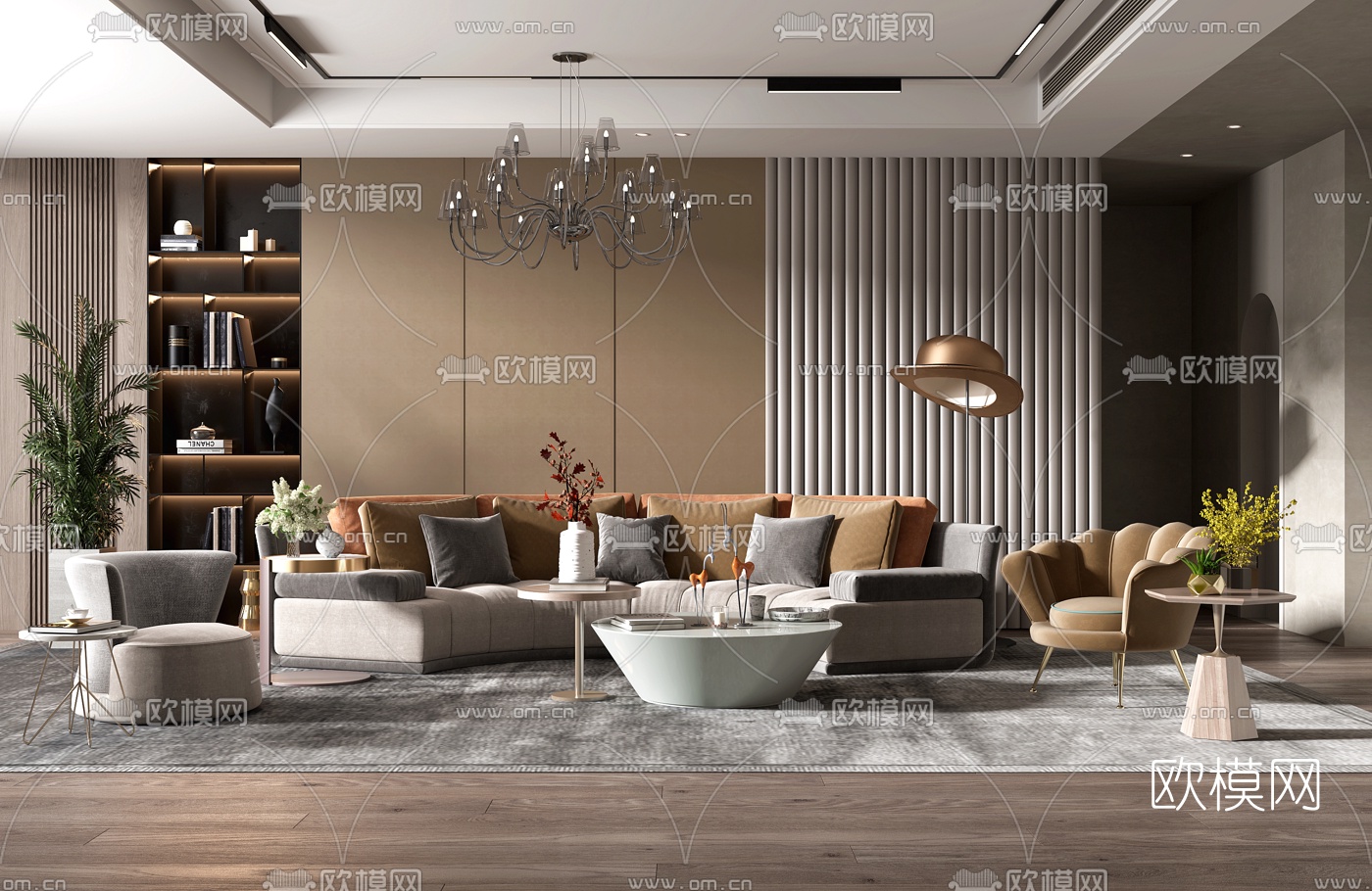 现代布艺弧形沙发组合3d模型下载