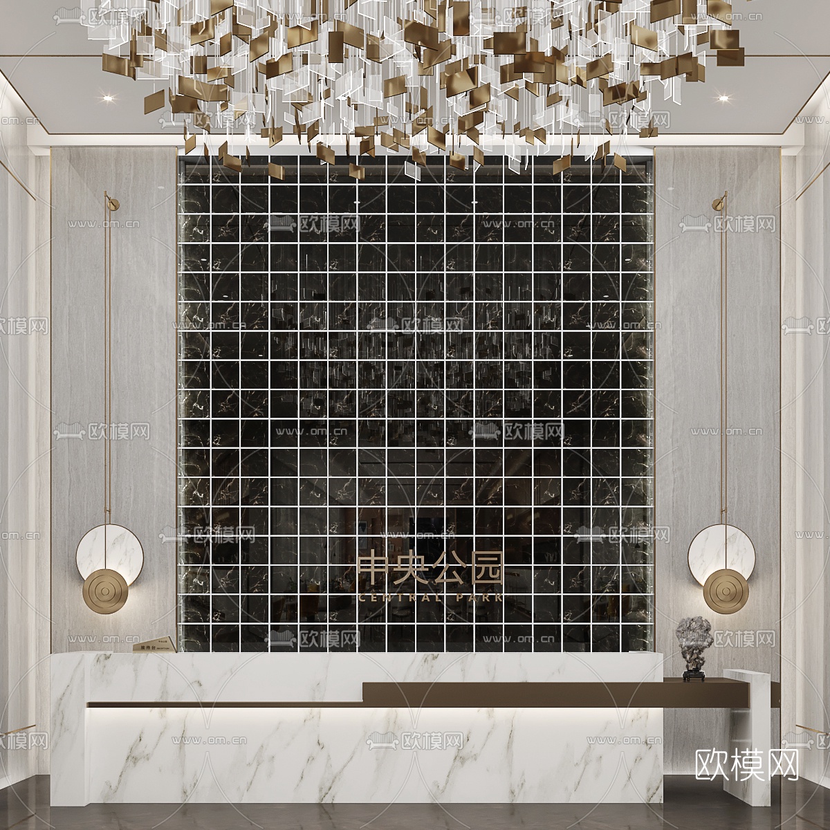 新中式前台接待台3d模型下载（渲染图2）