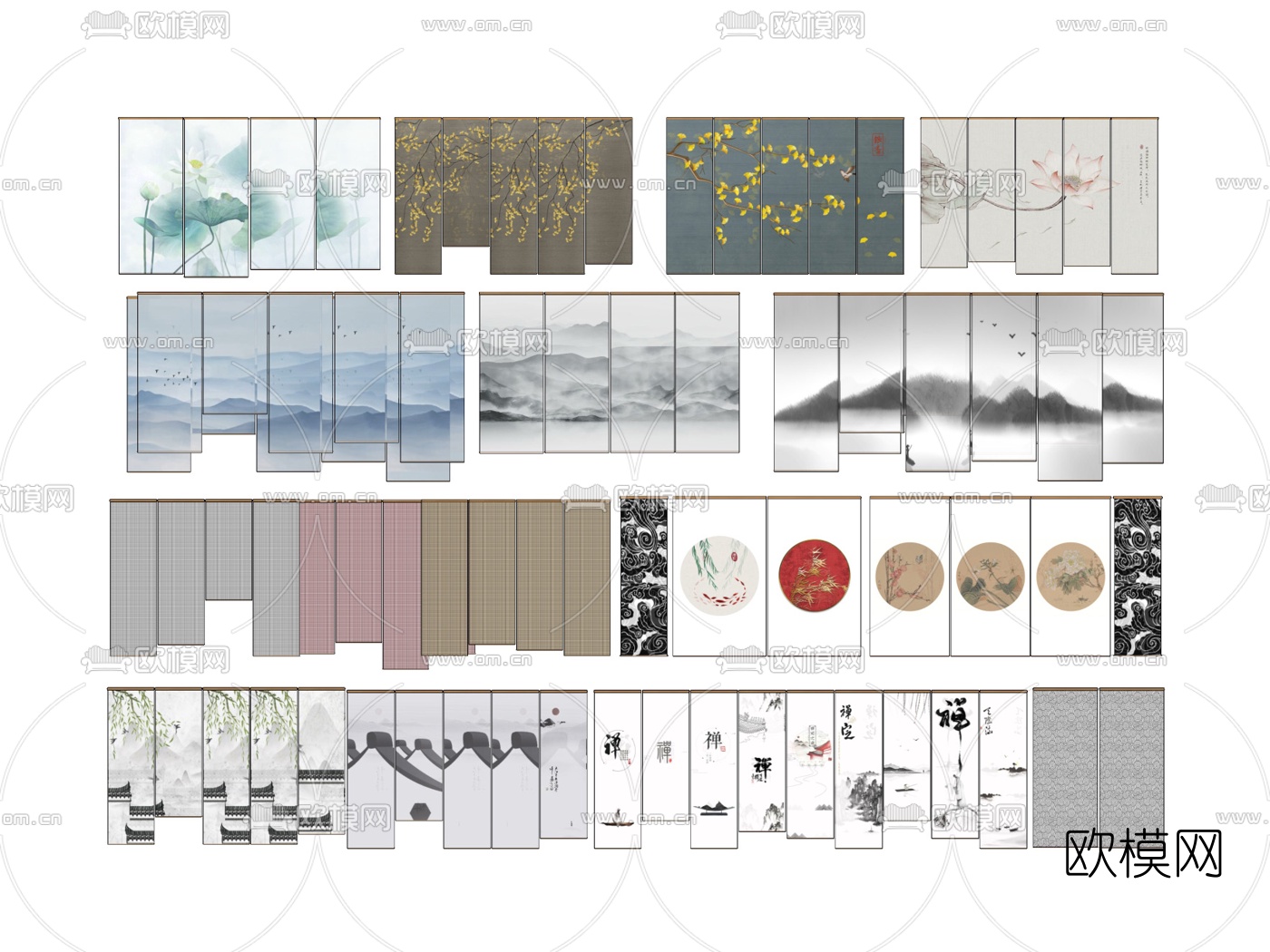 新中式山水窗帘su模型下载