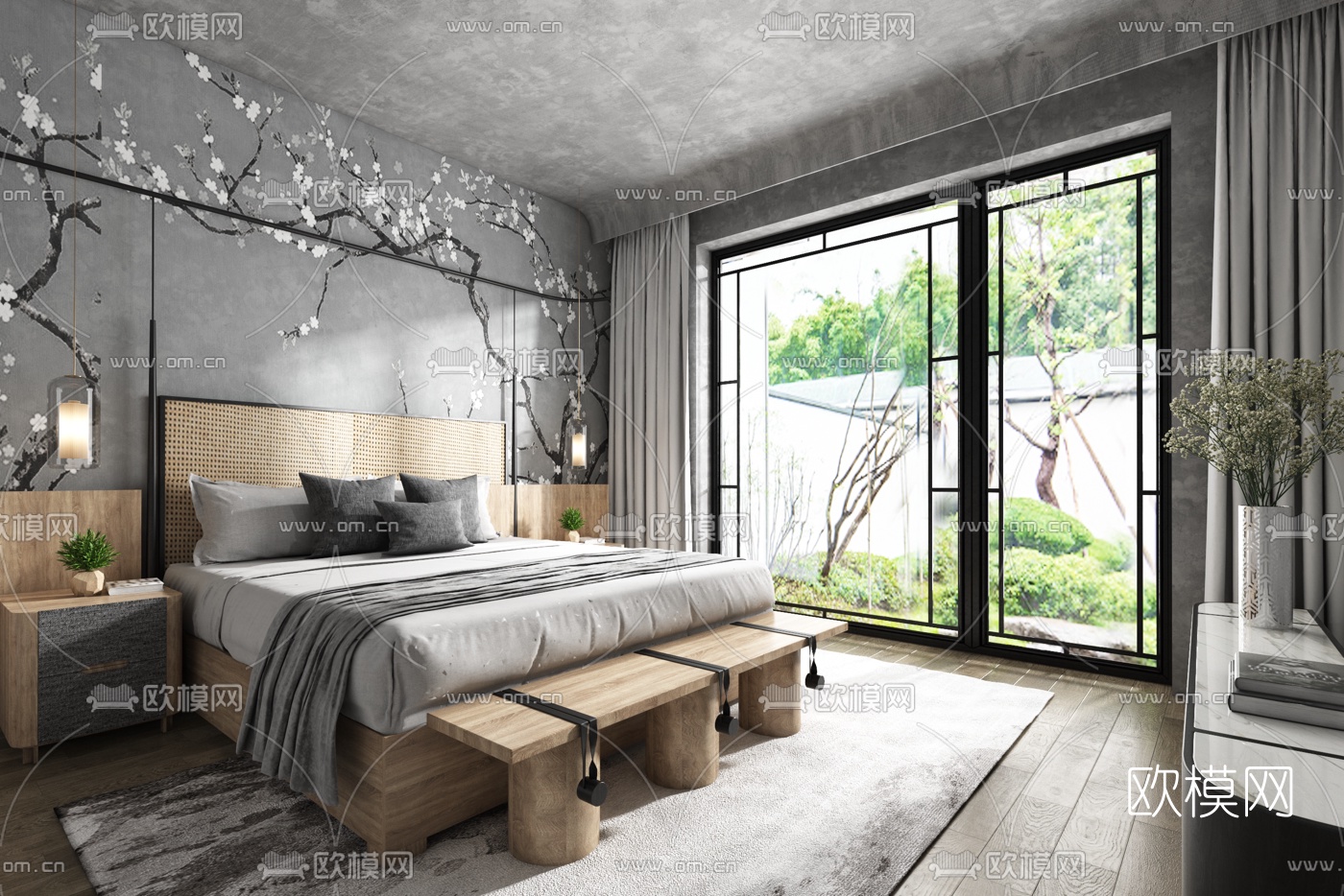 黄全设计 新中式侘寂卧室3d模型下载