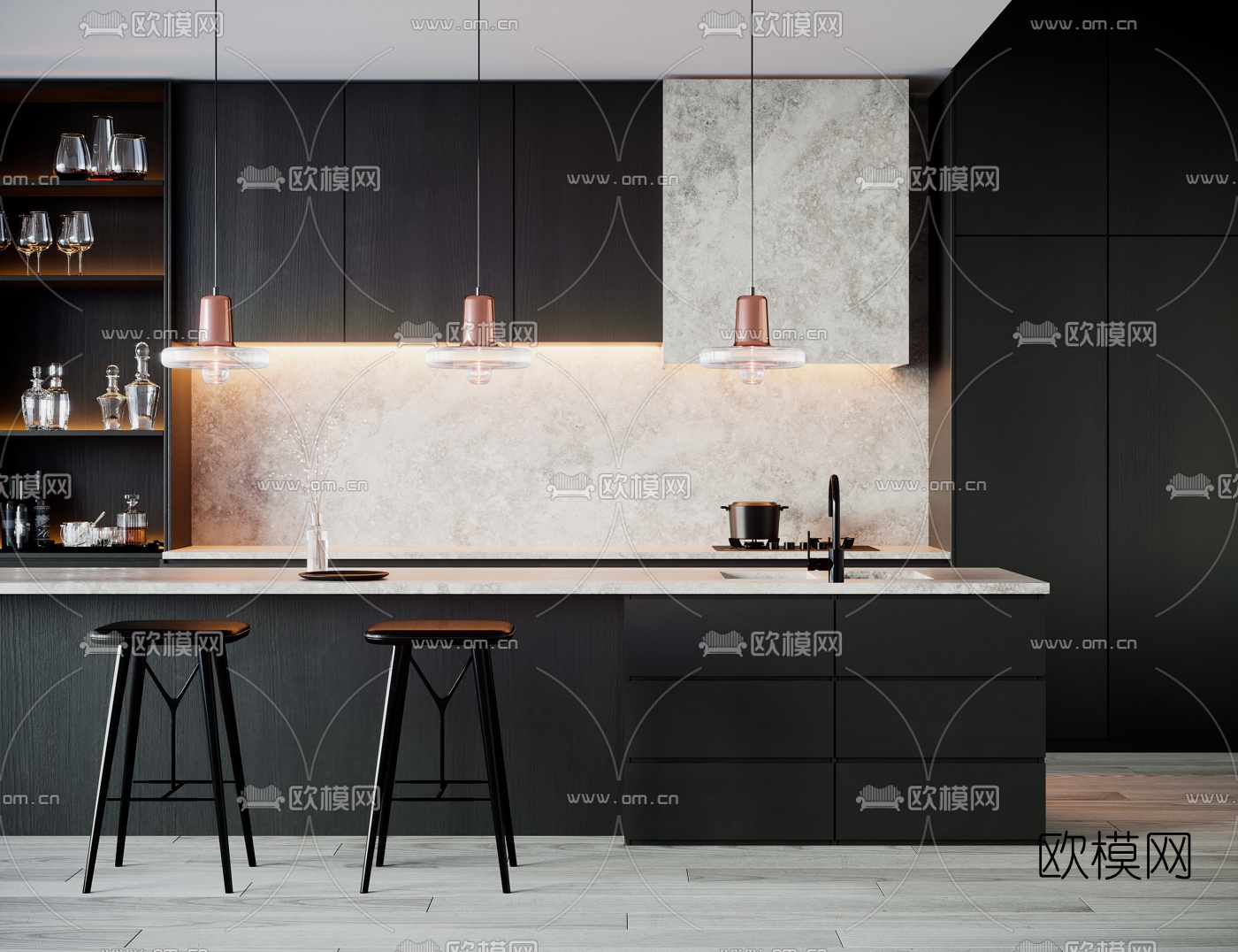 现代高级灰橱柜吧台3d模型下载（渲染图1）