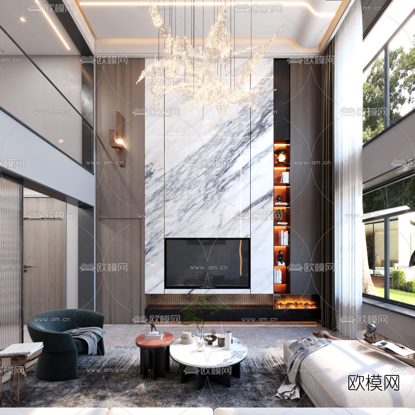 现代轻奢别墅客厅餐厅3d模型