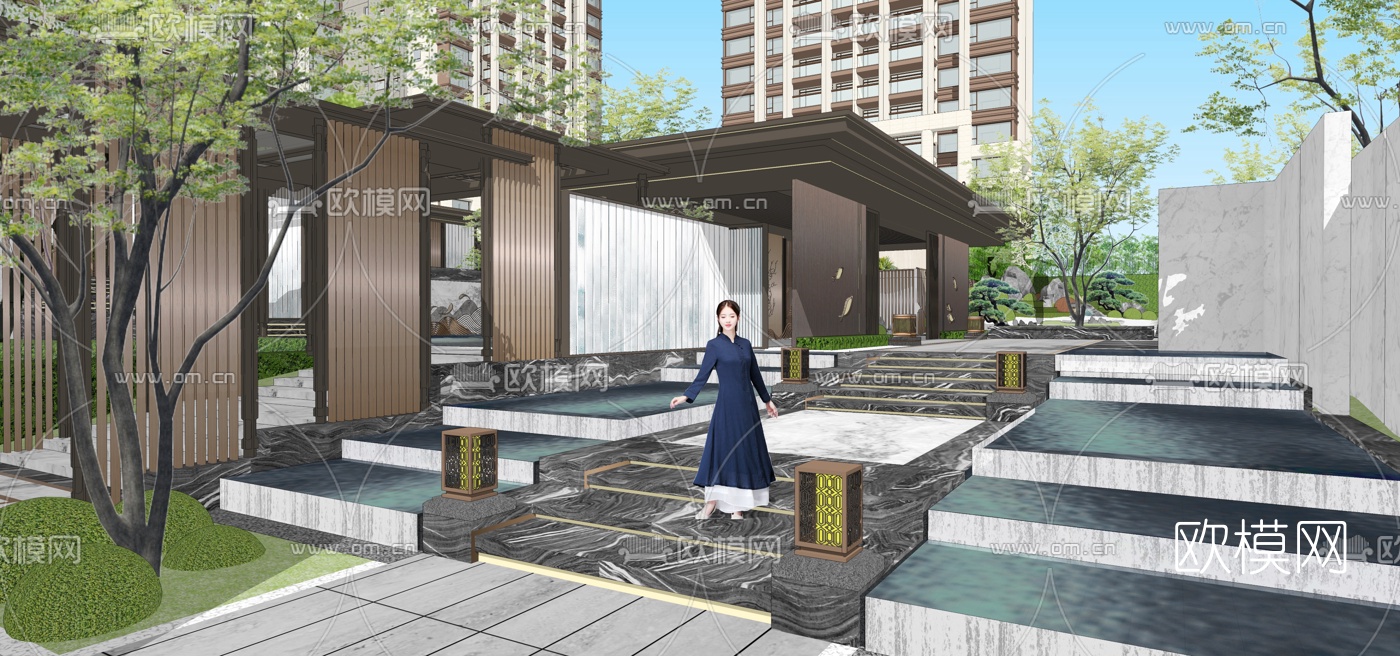 新中式住宅小区庭院景观su模型