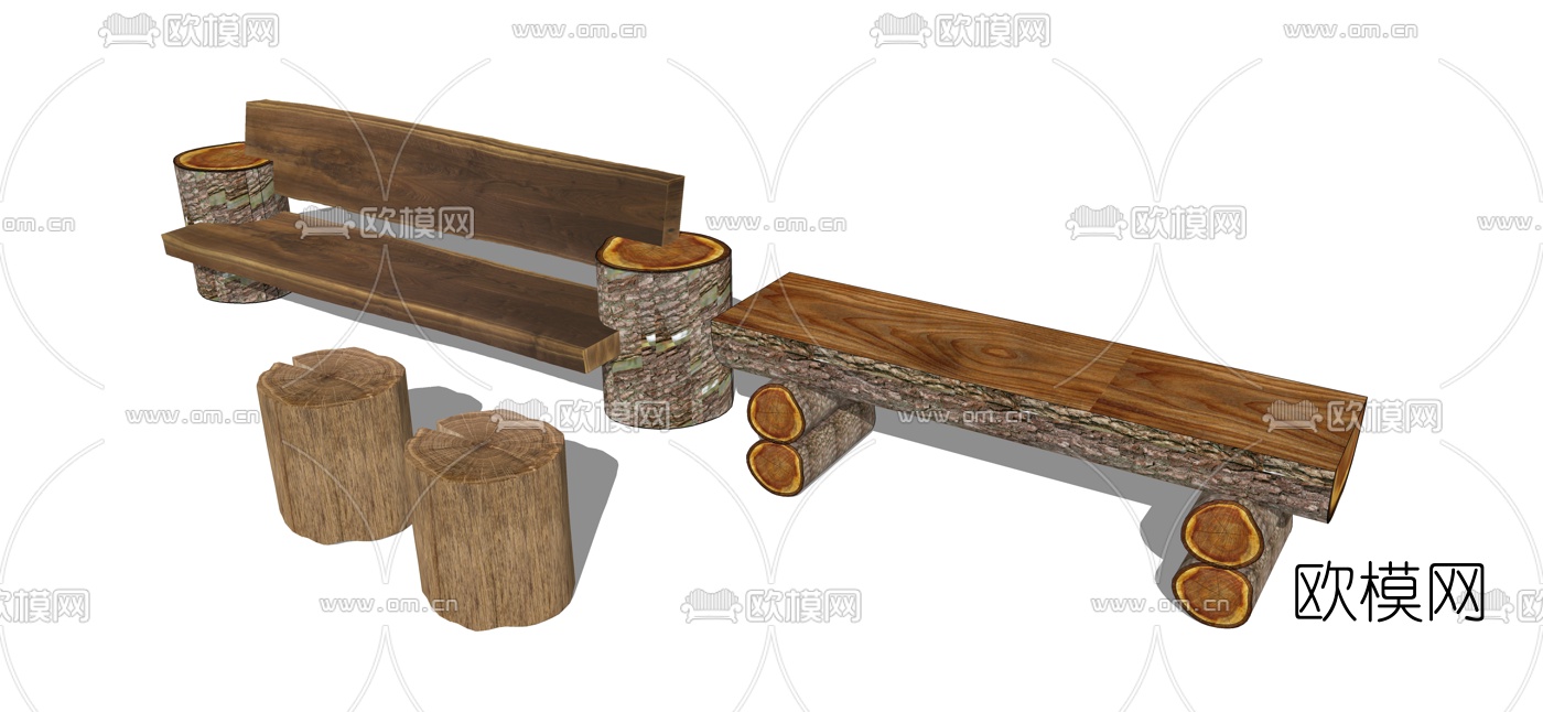 自然风原木户外公共椅su模型