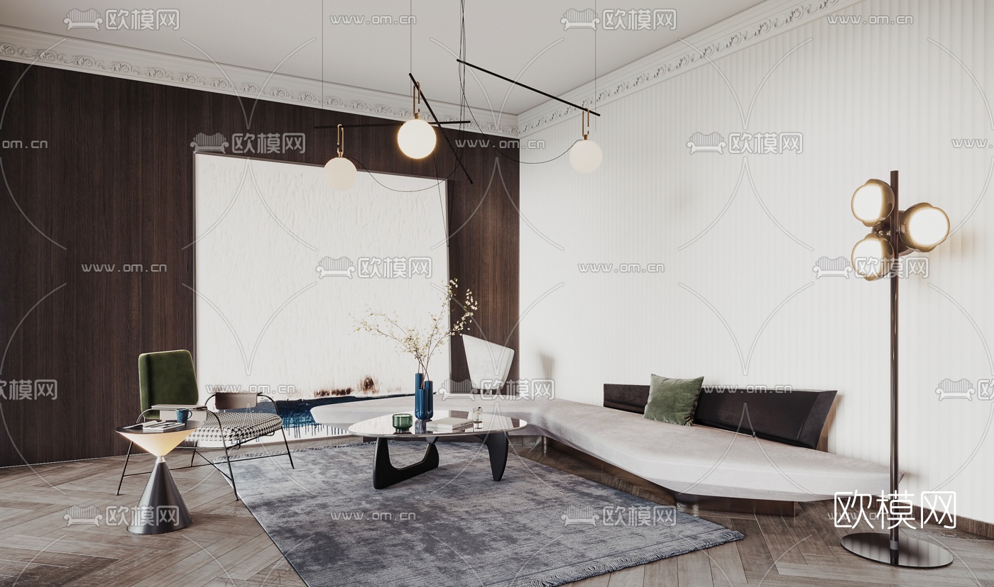 现代布艺转角沙发组合3d模型-免费3dmax模型库-欧模网