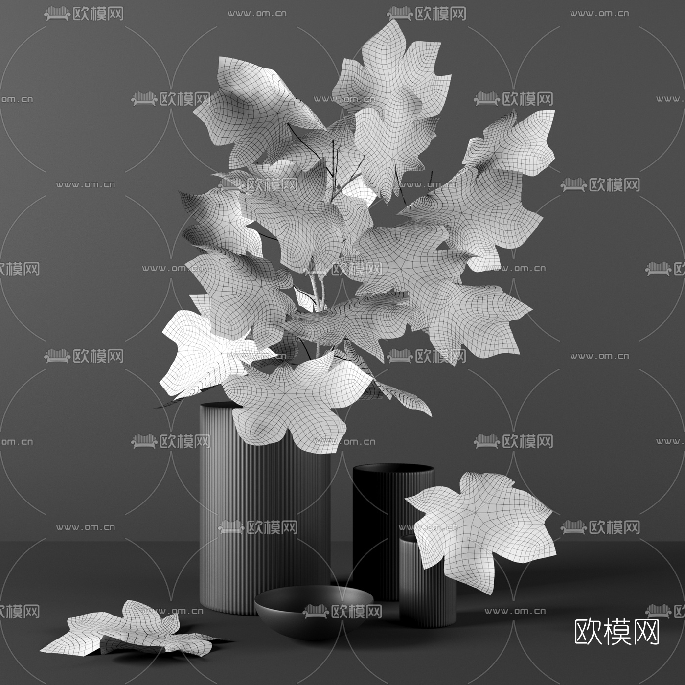现代枫叶花瓶3d模型下载（渲染图2）