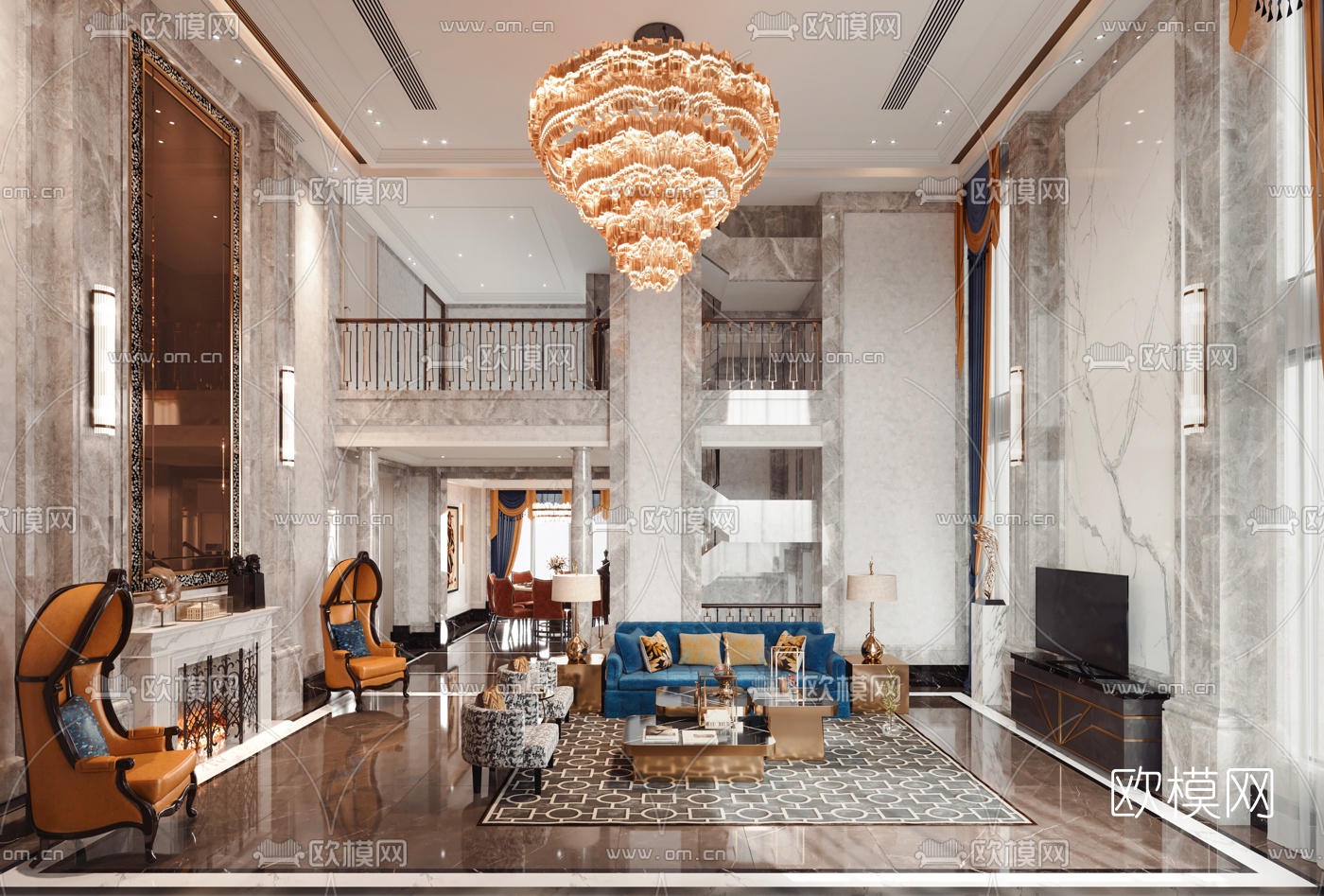 美式轻奢别墅大堂3d模型下载