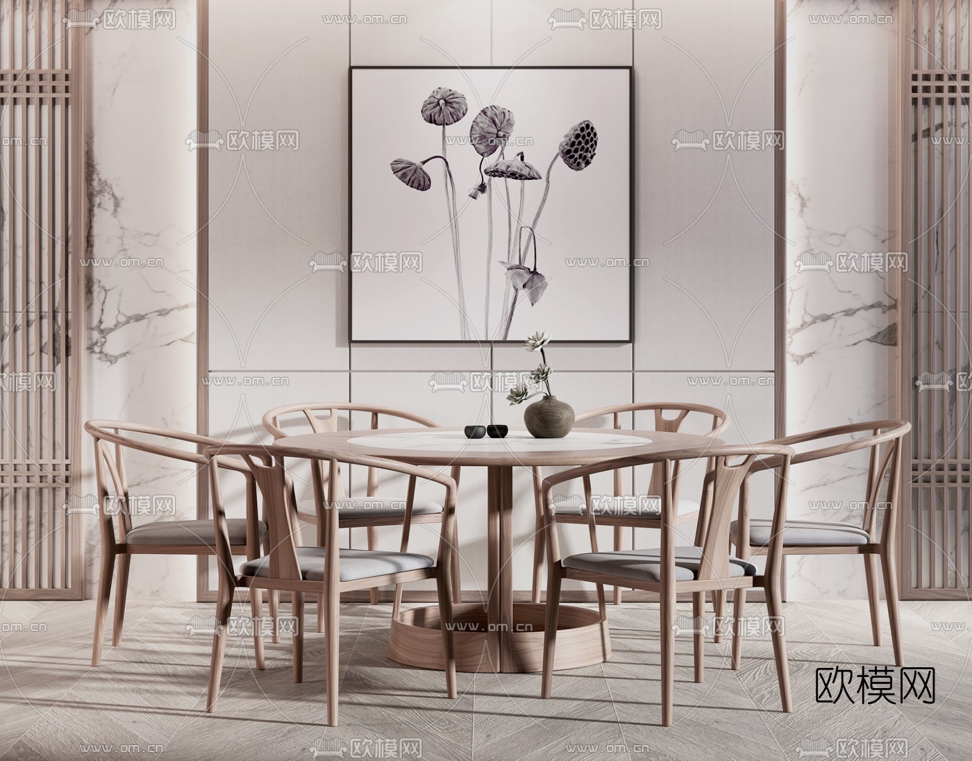 新中式餐桌椅su模型下载（渲染图1）