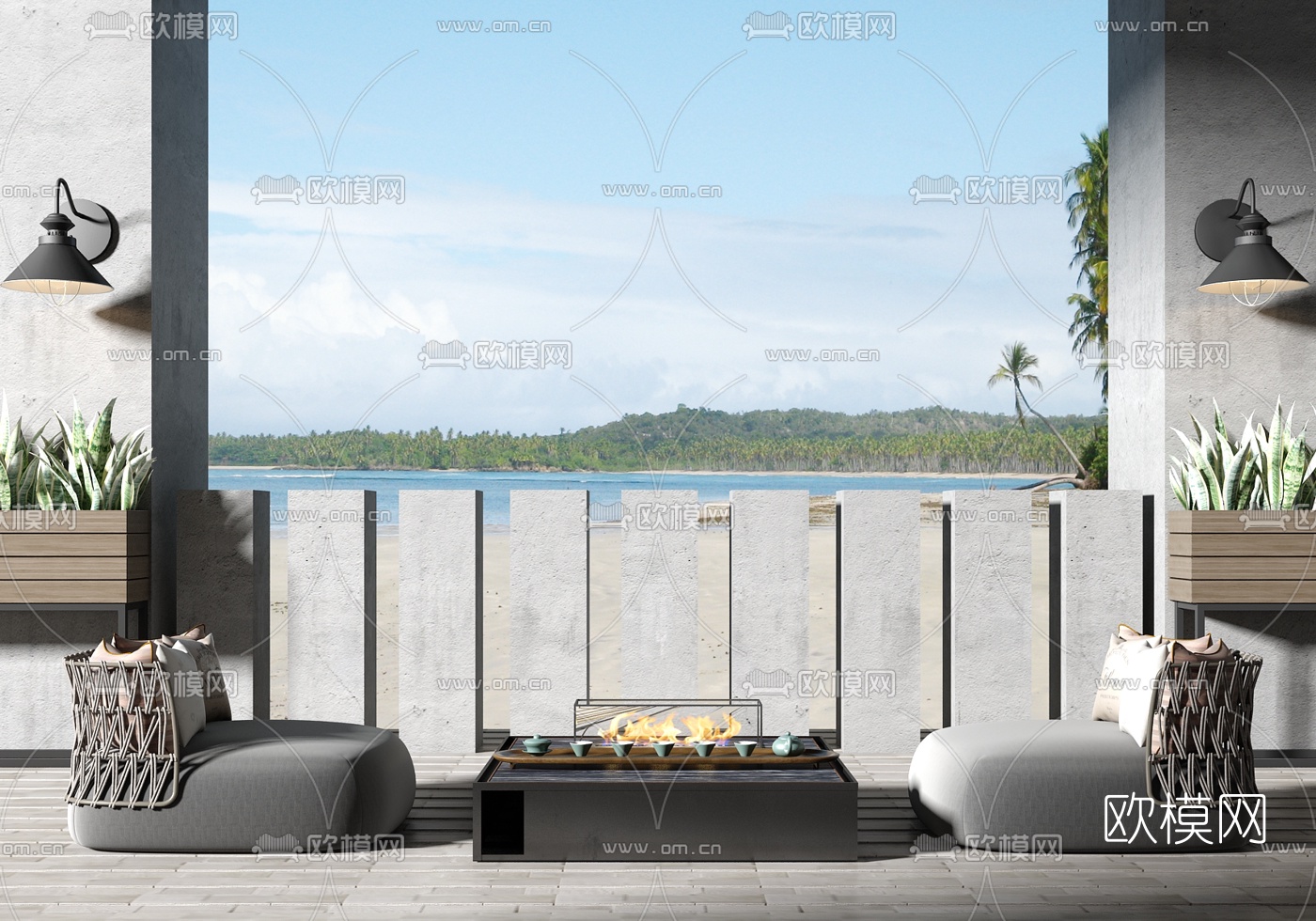 现代布艺编藤户外沙发茶几3d模型下载