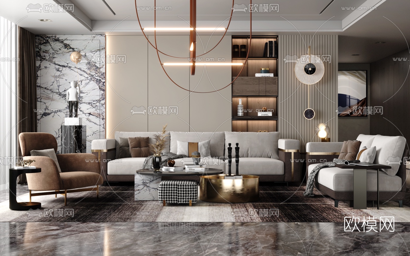 现代轻奢布艺沙发组合3d模型下载