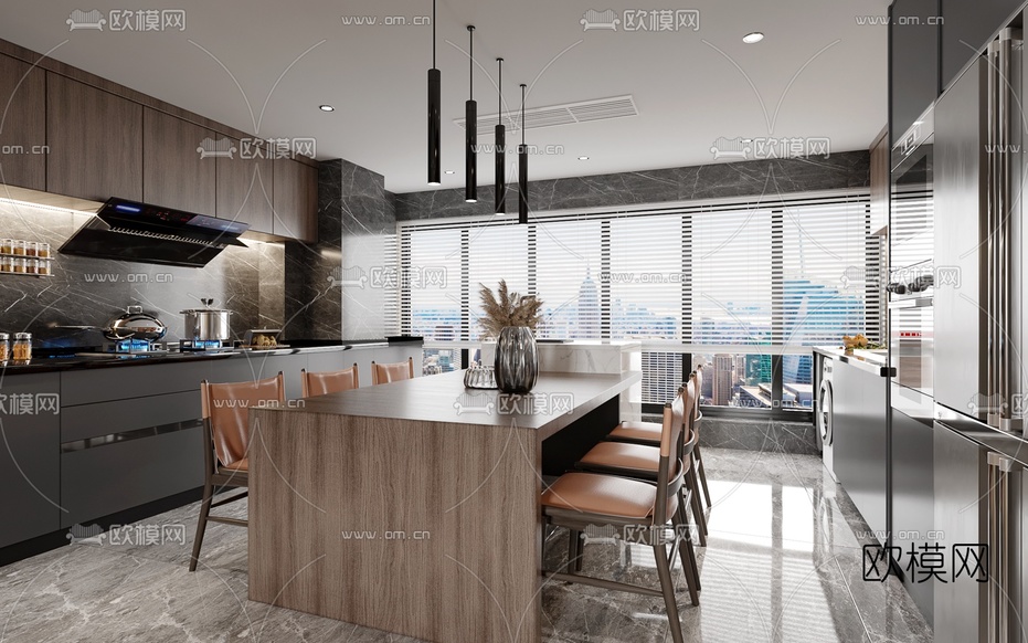 现代轻奢餐厅厨房3d模型下载(渲染图1)