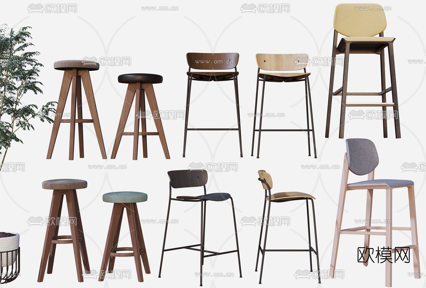 北欧原木吧台椅3d模型下载（渲染图1）