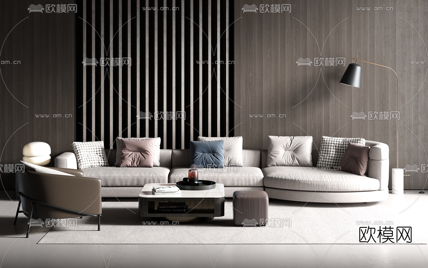 现代布艺沙发组合3d模型-免费3dmax模型库-欧模网