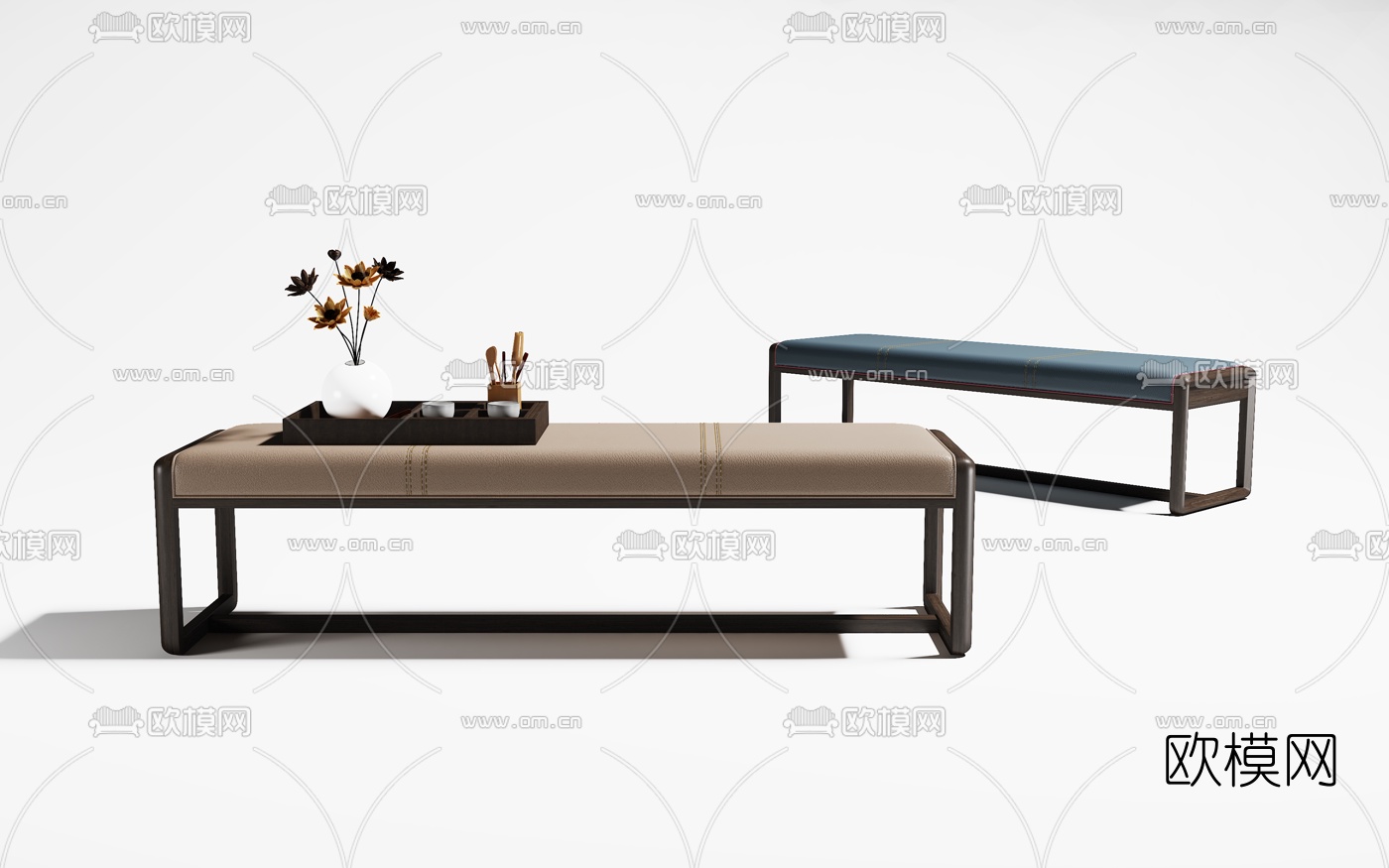 新中式实木皮革床尾凳3d模型下载