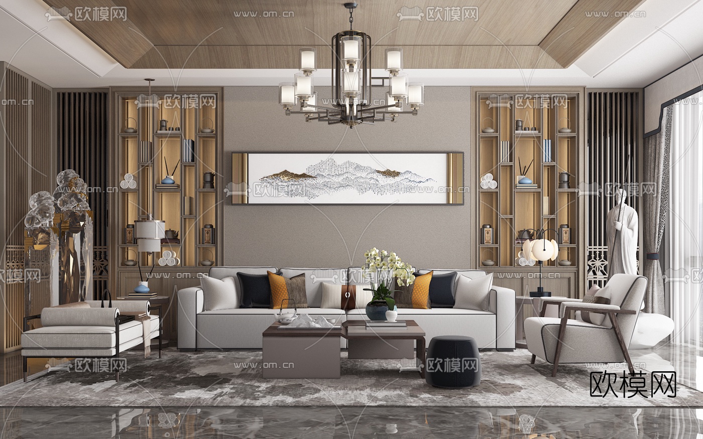 新中式布艺沙发组合3d模型下载