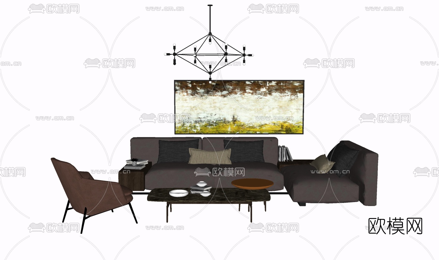 现代布艺组合沙发免费su模型下载