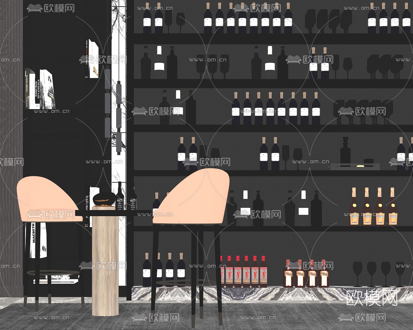 现代轻奢品酒吧台椅酒柜su模型下载（渲染图2）
