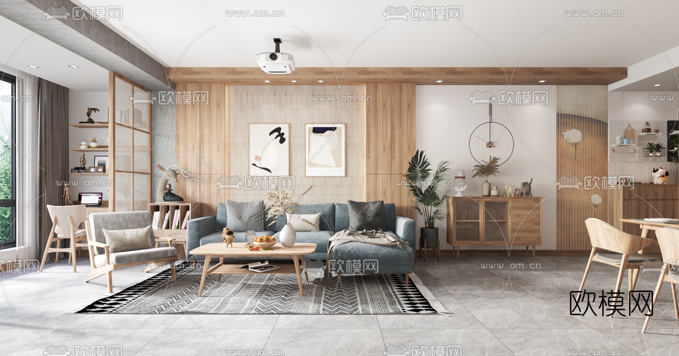 日式客厅餐厅3d模型下载（渲染图1）