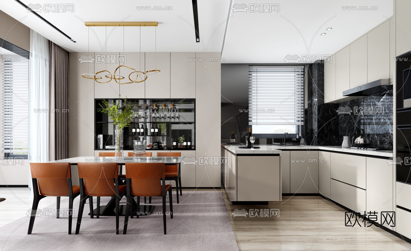 昊泽空间设计 现代复式客厅餐厅3d模型下载（渲染图2）