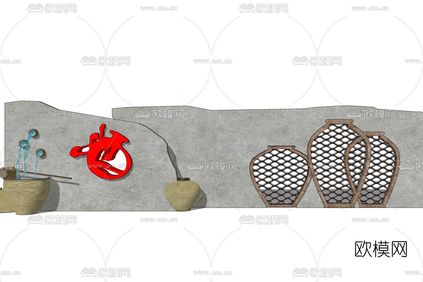 新中式景观墙免费su模型下载