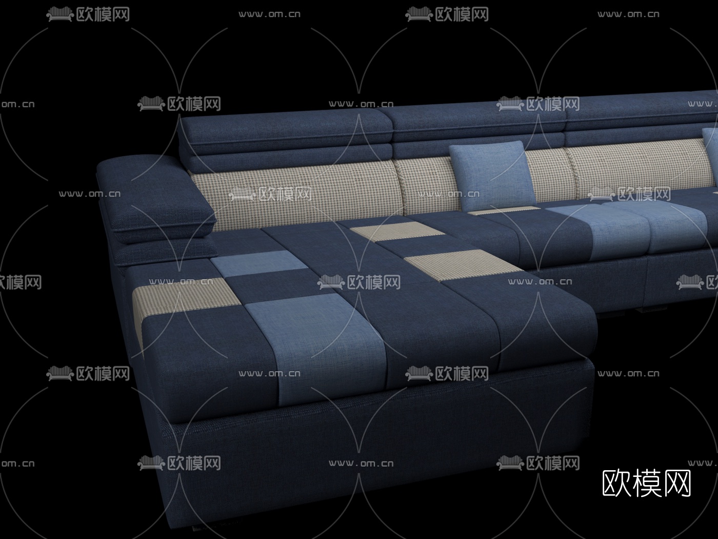 现代布艺转角沙发免费3d模型下载（渲染图3）