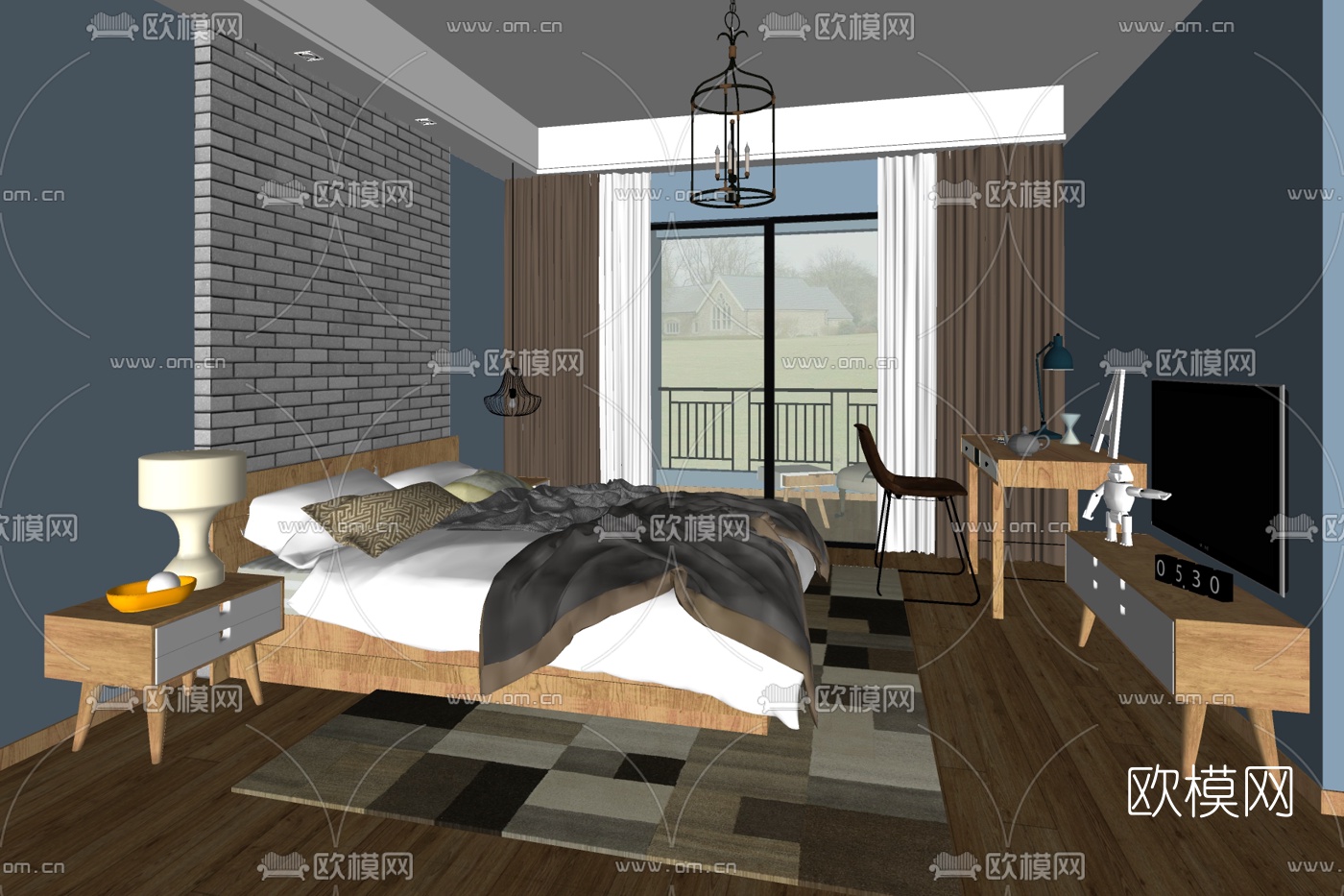 北欧主人房卧室su模型下载
