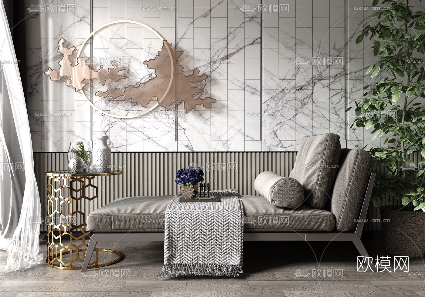 现代布艺贵妃椅角几3d模型下载